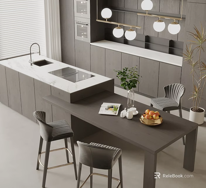 Modern Restaurant Interior With Gray Cabinets Island Dining Table And Pendant Lights 3d model