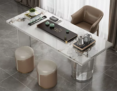 Modern Tea Table with Side Chair and Round Stools Marble Top Transparent Legs Tea Set 3d model