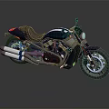 Modern Black Cruiser Motorcycle Featuring Chrome Exhaust Pipes Leather Seat and Alloy Wheels