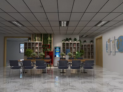 Modern Office Break Room With Bookshelves Green Plants Water Dispenser Tables And Wall Decor 3d model