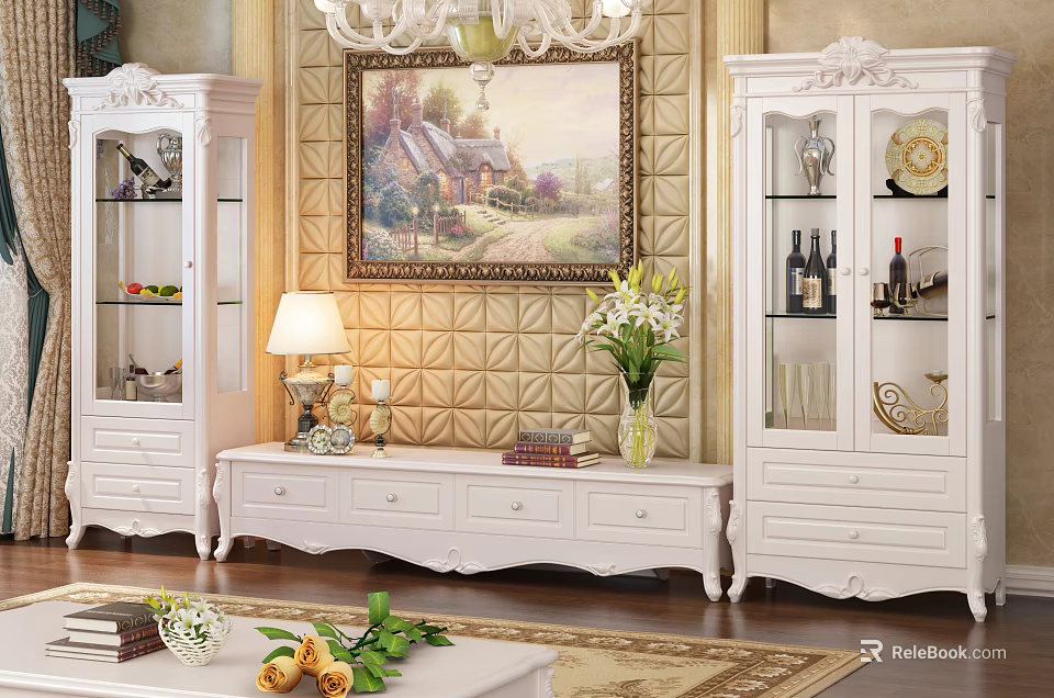 Classical White TV Stand With Glass Door Display Cabinets Decorative Items Wall Painting And Chandelier 3d model 