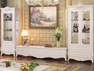 Classical White TV Stand With Glass Door Display Cabinets Decorative Items Wall Painting And Chandelier 3d model