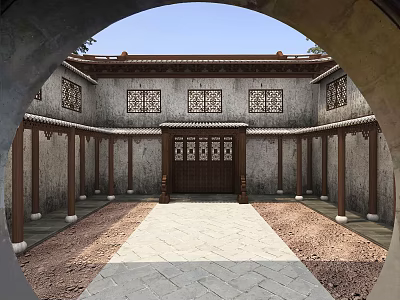Traditional Chinese Garden Courtyard Landscape Featuring Moon Gate Carved Windows And Stone Pavement 3d model