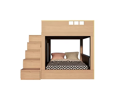 Wooden Bunk Bed with Ladder Stairs Storage Drawers Upper Window and Lower Bed Pillows 3d model