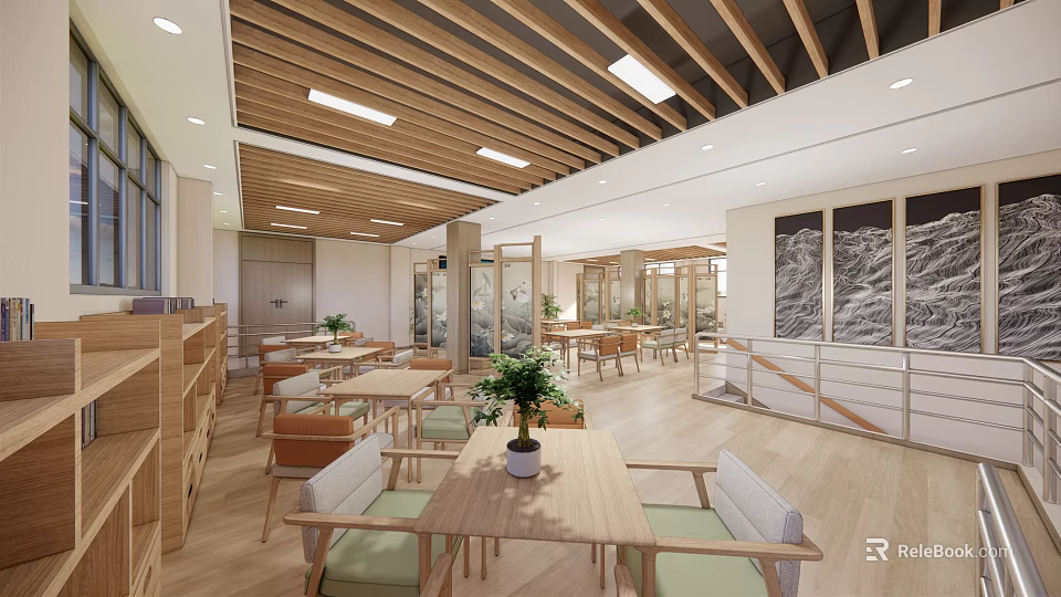 Comfortable Hospital Outpatient Clinic Interior With Wooden Ceiling Lighting Tables Chairs Potted Plants And Windows 3d model 