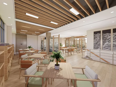 Comfortable Hospital Outpatient Clinic Interior With Wooden Ceiling Lighting Tables Chairs Potted Plants And Windows 3d model