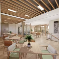 Comfortable Hospital Outpatient Clinic Interior With Wooden Ceiling Lighting Tables Chairs Potted Plants And Windows