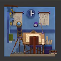 Cartoon Style Blue Room Scene With Easel Colored Pencils Telescope Arched Window And Star Moon Decorations