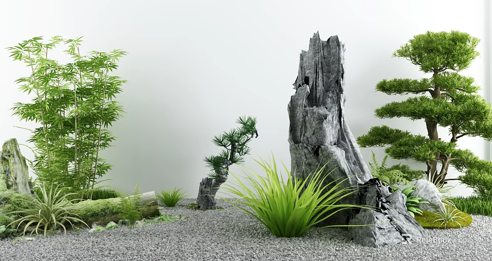 Serene Courtyard Garden with Bamboo Driftwood Stone and Green Plants on Gravel Ground 3d model 