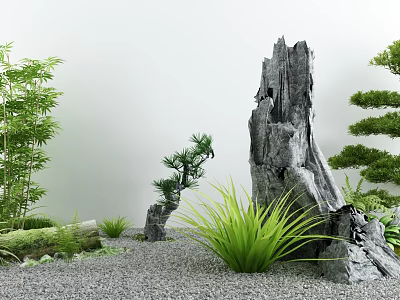 Serene Courtyard Garden with Bamboo Driftwood Stone and Green Plants on Gravel Ground 3d model