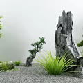 Serene Courtyard Garden with Bamboo Driftwood Stone and Green Plants on Gravel Ground