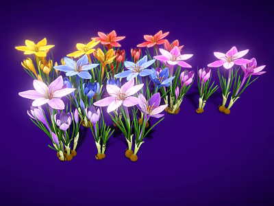 Multicolored Flowers with Green Stems and Leaves on Purple Background 3d model