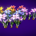 Multicolored Flowers with Green Stems and Leaves on Purple Background