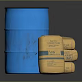 Industrial Storage Setup Featuring Blue Barrel And Stacked Yellow Bags