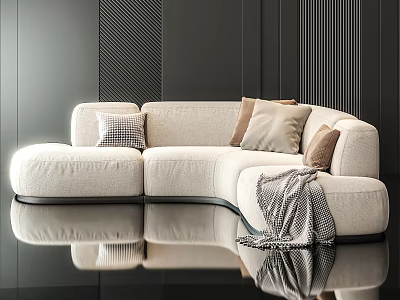 Modern Beige Curved Sectional Sofa With Plaid Solid Pillows And Cozy Blanket In Living Room 3d model