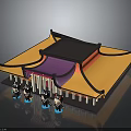 Traditional Chinese Architecture Featuring Yellow Purple Roof Curved Black Eaves Front Columns And Figures