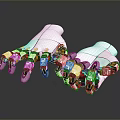 White Mechanical Palms As Household Items With Metal And Orange Joints On Black Reflective Surface