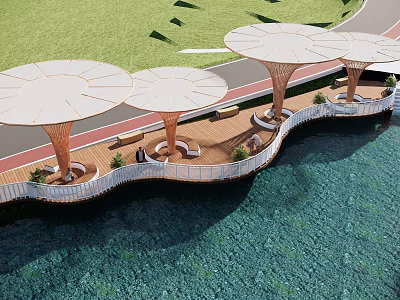 Waterfront Landscape Design With White Canopy Structures Wooden Walkway Track And Green Lawn 3d model