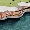 Waterfront Landscape Design With White Canopy Structures Wooden Walkway Track And Green Lawn