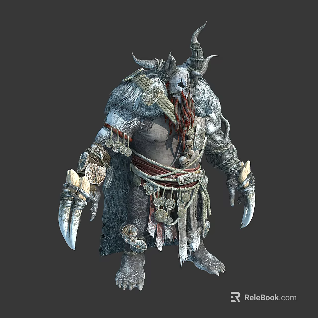Mythical Creature Warrior Character With Horns Fur Claws Tassels And Coins 3d model 