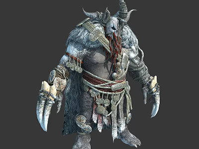 Mythical Creature Warrior Character With Horns Fur Claws Tassels And Coins 3d model