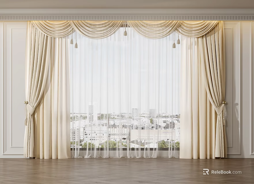 Beige Pleated Curtains With White Sheer Panels And City View Through Window 3d model 