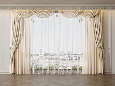 Beige Pleated Curtains With White Sheer Panels And City View Through Window 3d model