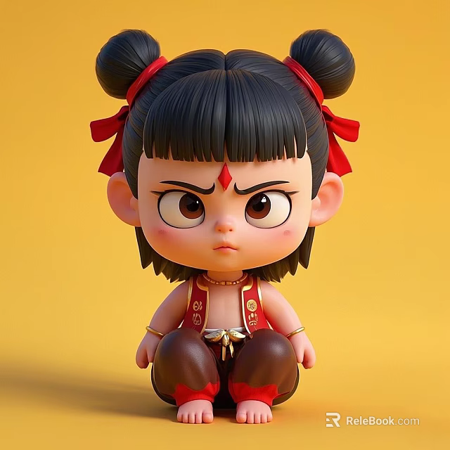 Angry Game Movie Character With Bun Hairstyle Red Ribbons Red Forehead Mark And Traditional Outfit 3d model 