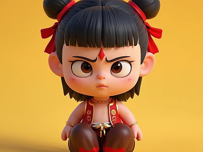 Angry Game Movie Character With Bun Hairstyle Red Ribbons Red Forehead Mark And Traditional Outfit 3d model