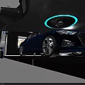 Modern Automotive Scene with Blue Audi Car White Robots Display Platform and Screen