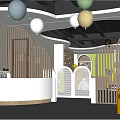 Bright Kindergarten Interior With Colorful Balloons Cloud Shaped Lights White Railings And Colorful Seats