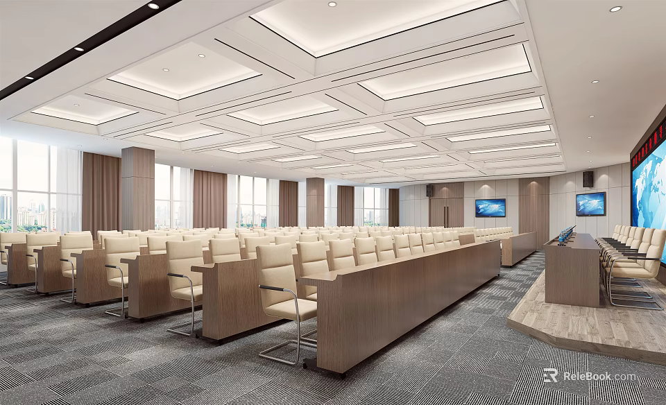 Spacious Modern Conference Room With Arranged Seats Podium Ceiling Lights Curtained Windows and TV Screens 3d model 