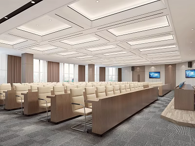 Spacious Modern Conference Room With Arranged Seats Podium Ceiling Lights Curtained Windows and TV Screens 3d model