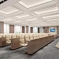 Spacious Modern Conference Room With Arranged Seats Podium Ceiling Lights Curtained Windows and TV Screens
