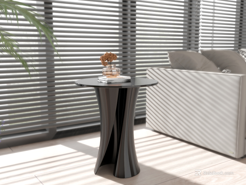 Modern Black Round Side Table With Unique Base In Living Room With Sofa And Sunlight 3d model 