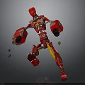 Red Robot Character In Dynamic Mechanical Action Pose With Flying Debris