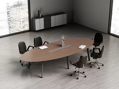 Oval Wooden Conference Table With Swivel Chairs Documents Vase And City View Through Large Windows 3d model