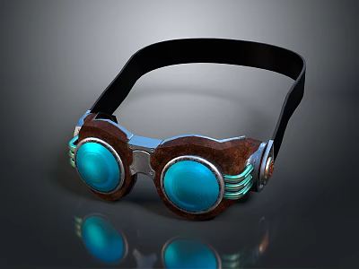 Vintage Leather Goggles With Blue Lenses Metal Frame And Black Strap 3d model