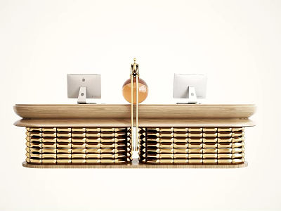 Modern Reception Desk With Golden Woven Structure Two Monitors And Decorative Ornament 3d model