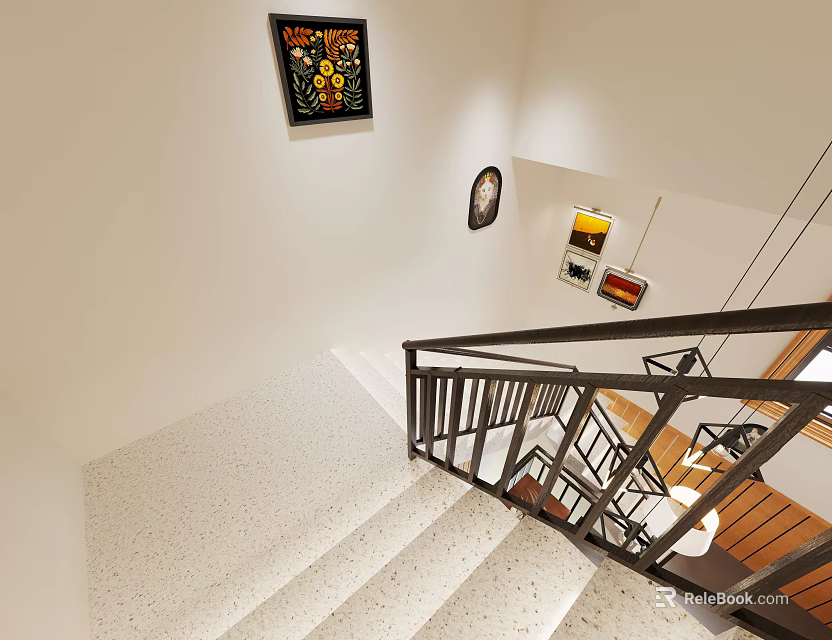 Staircase Area With White Walls Decorative Art Black Handrail Hanging Lights And Steps 3d model 