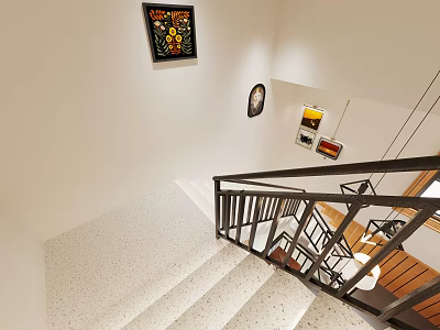 Staircase Area With White Walls Decorative Art Black Handrail Hanging Lights And Steps 3d model