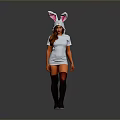 A Woman Wearing Rabbit Ears Headpiece And Gray Short Dress With Knee High Boots
