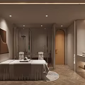 Modern SPA Sauna Interior With Two Massage Beds Lighting Decor Mirrors And City Night View
