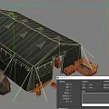Green Military Tent Setup With Large Rock Yellow Boxes Wooden Crates And Gear