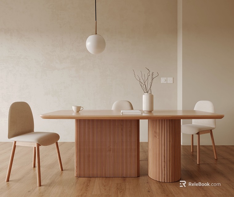 Wooden Dining Table Set in Minimalist Interior with Beige Wall Pendant Light and Chairs 3d model 