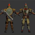 Armored Warrior Characters 3D Model With Red Helmet Shield Weapon And Gold Armor 3d model