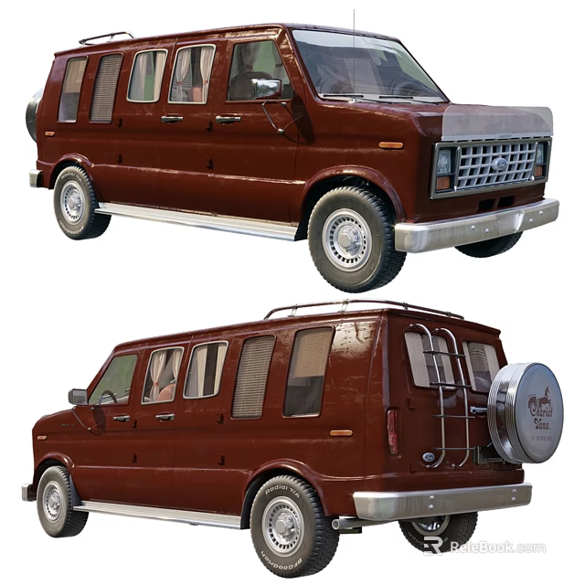 Classic Brown Van With Multiple Windows And Rear Spare Tire Rack 3d model 