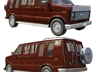 Classic Brown Van With Multiple Windows And Rear Spare Tire Rack 3d model