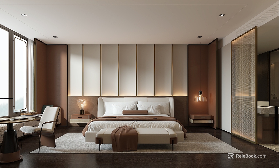 Modern Hotel Guest Room Interior Featuring King Bed Nightstands And Accent Wall Design 3d model 
