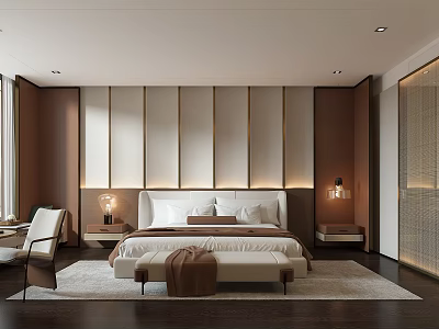 Modern Hotel Guest Room Interior Featuring King Bed Nightstands And Accent Wall Design 3d model